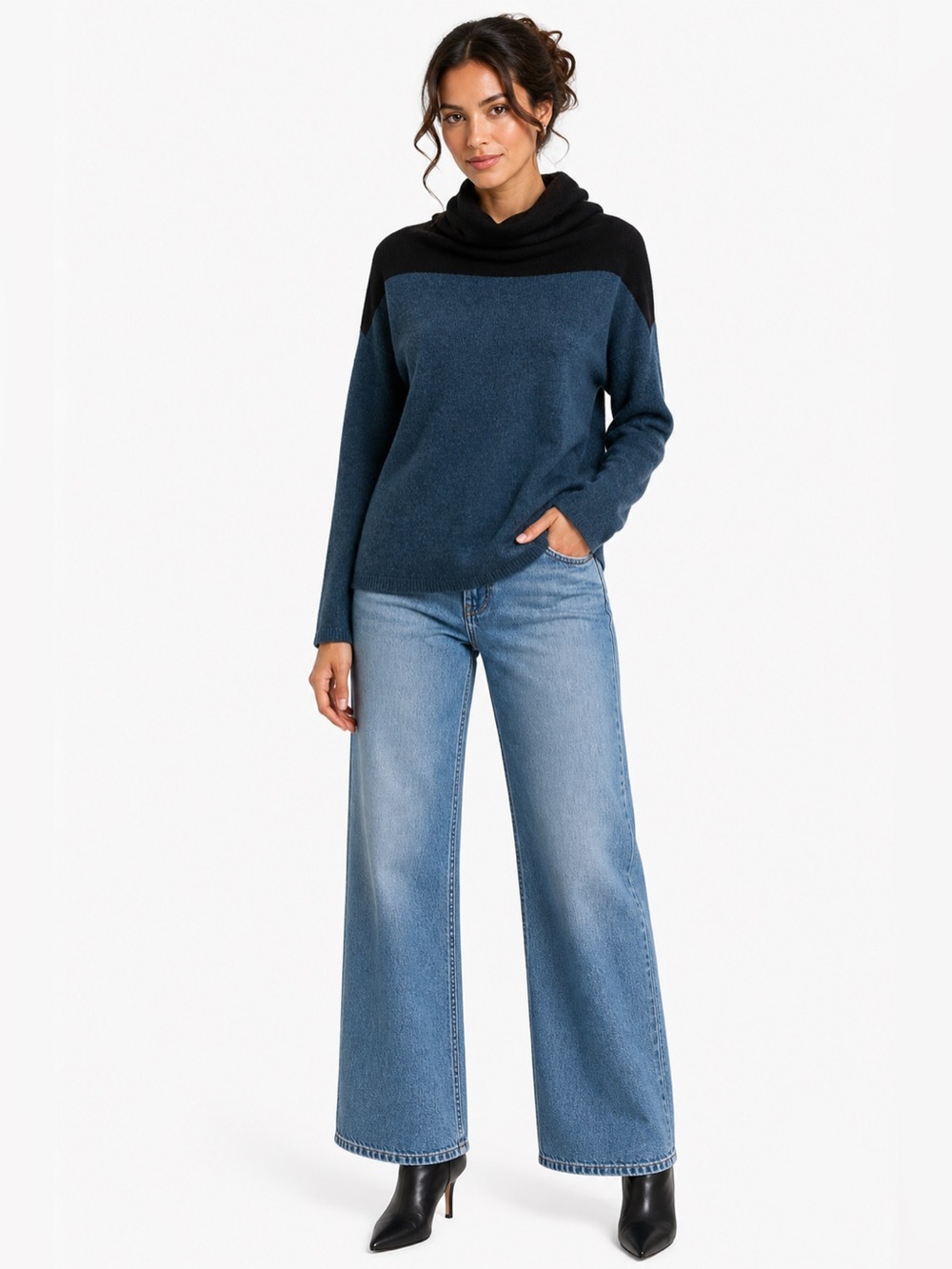 Repeat Cashmere Silver Edition Colorblock Teal & Black Cowl Neck Sweater S